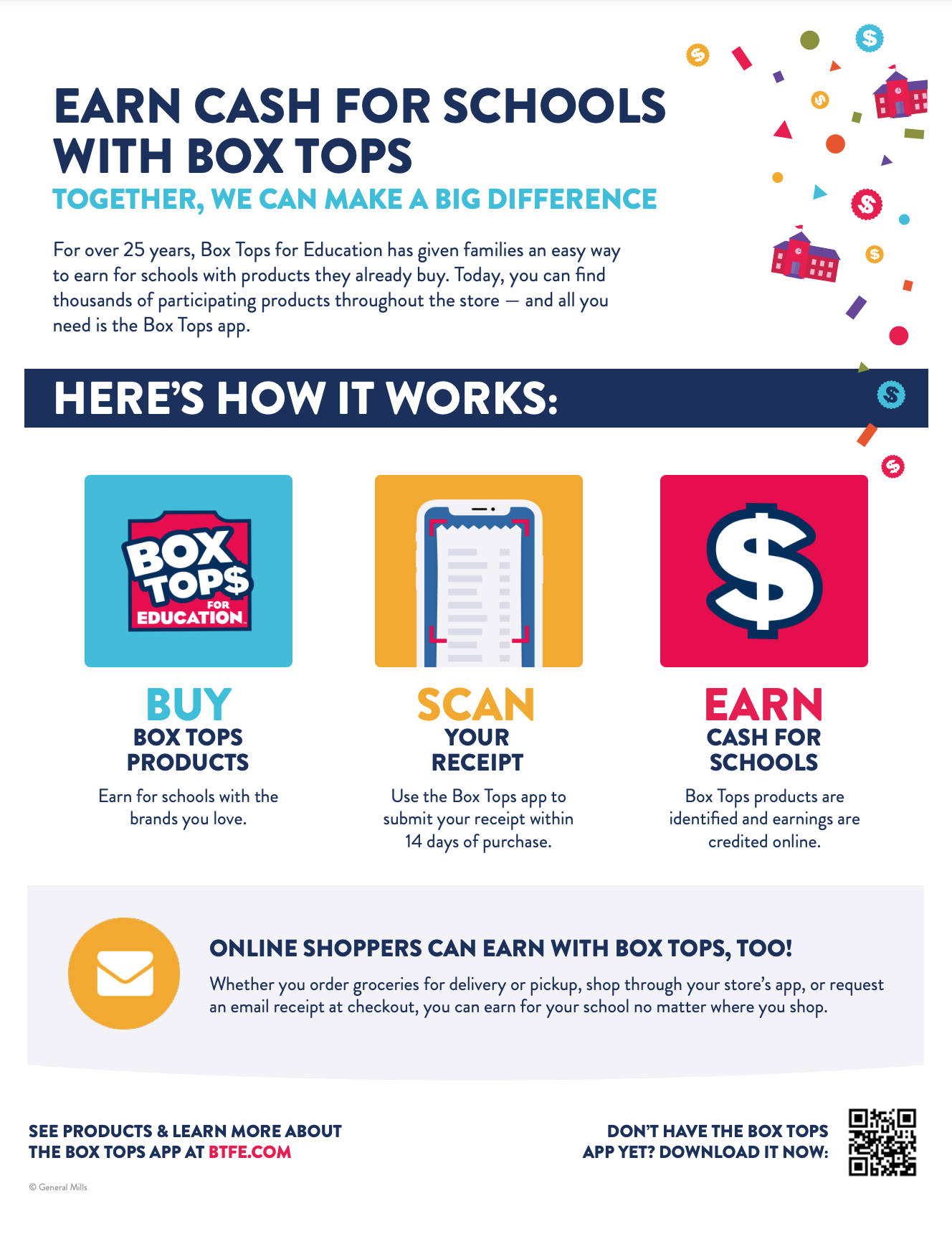 EARN CASH FOR YOUR SCHOOL WITH BOX TOPS
Together we can make a big difference

How it works:
1. Buy Box Tops Products
2. Scan Your Receipt Using the Box Tops App within 14 days of Purchase.
3. Earn Cash for Your School.  

Don't have the app? Download it now!