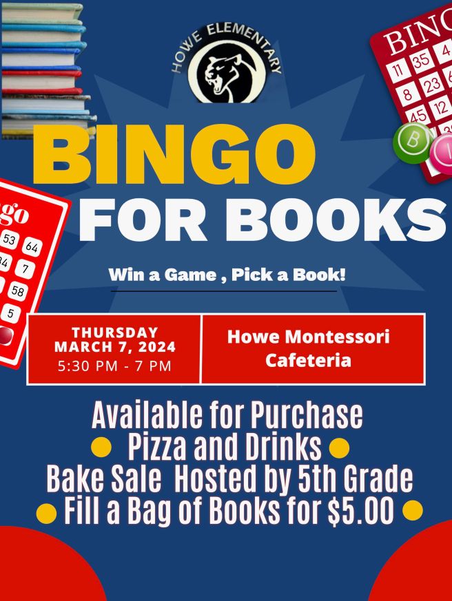 Thursday March 7th 5:30 - 7 in the Cafeteria

Win a Game, Pick a Book!

Available for Purchase Pizza and Drinks
Bake Sale hosted by the 5th grade class
Fill a bag of books for $5